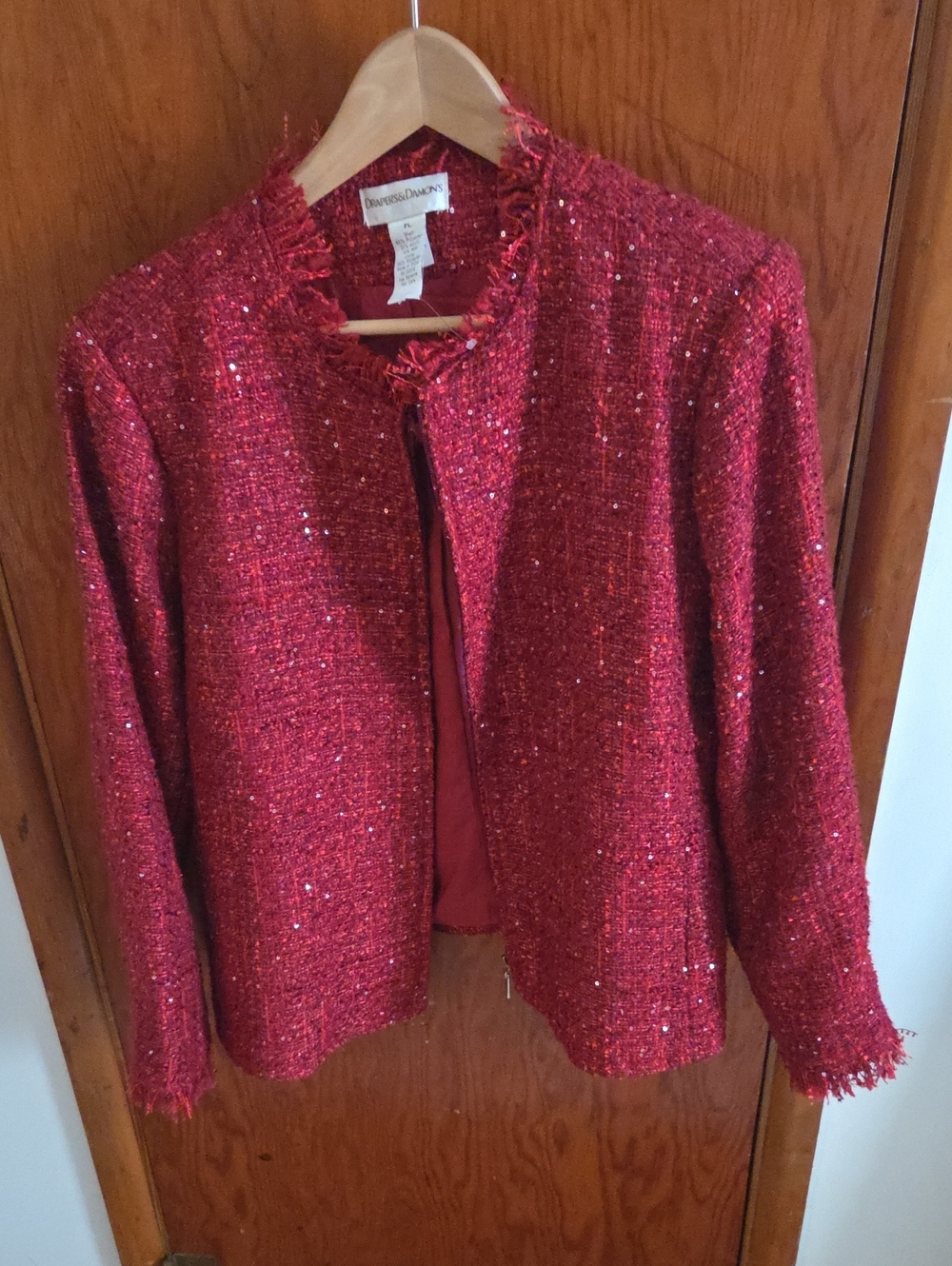 Drapers & Damons Red Tweed Sequin Open Blazer